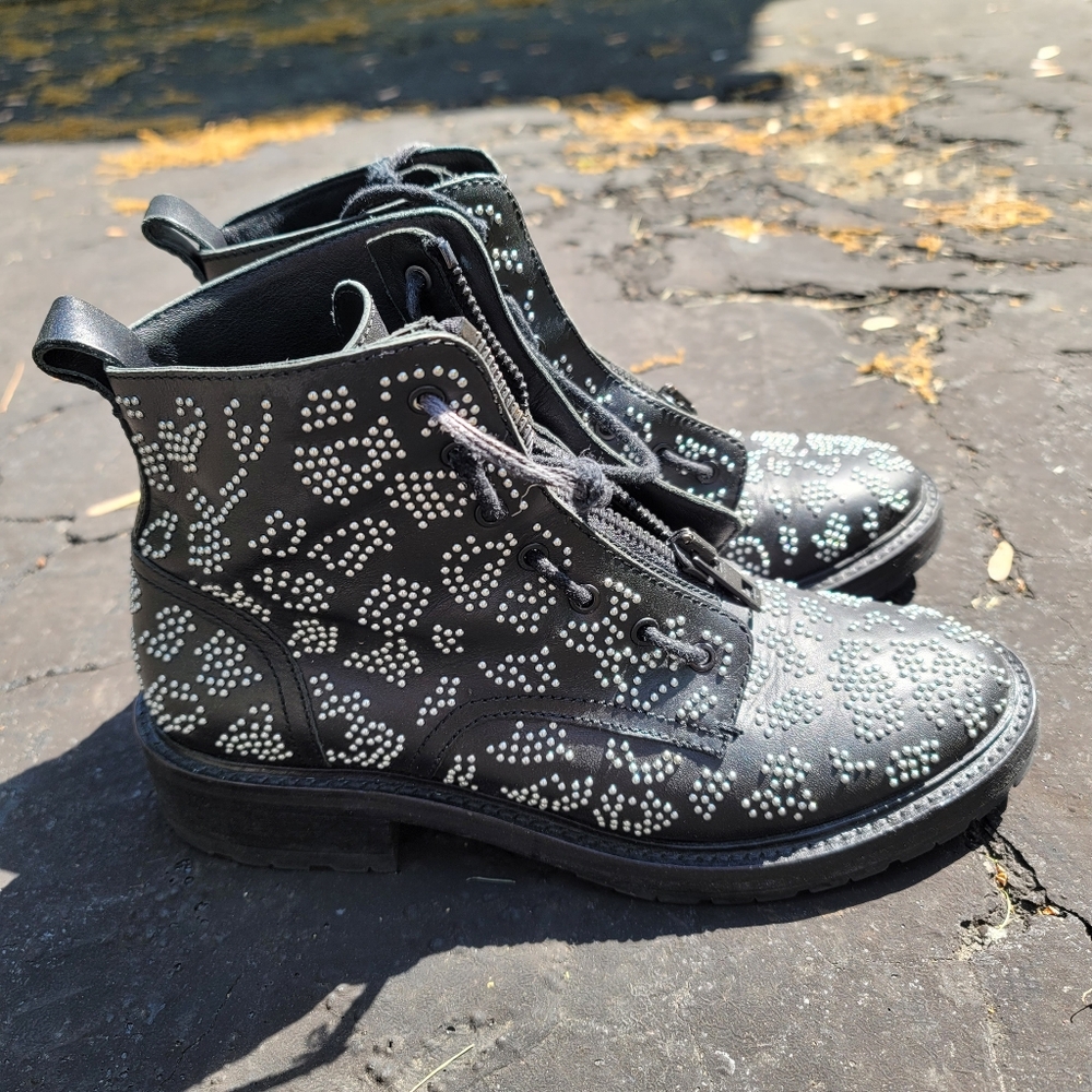 Rag & Bone Silver Studded Boot Black Leather Combat Ankle Boot Size 37 Pre-owned